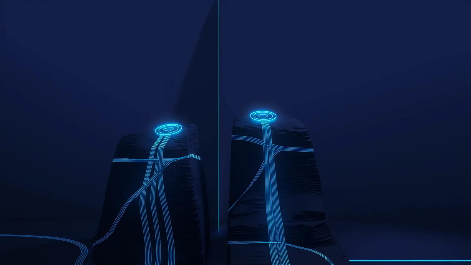 Routes crossing from one landmass to another through a glowing band