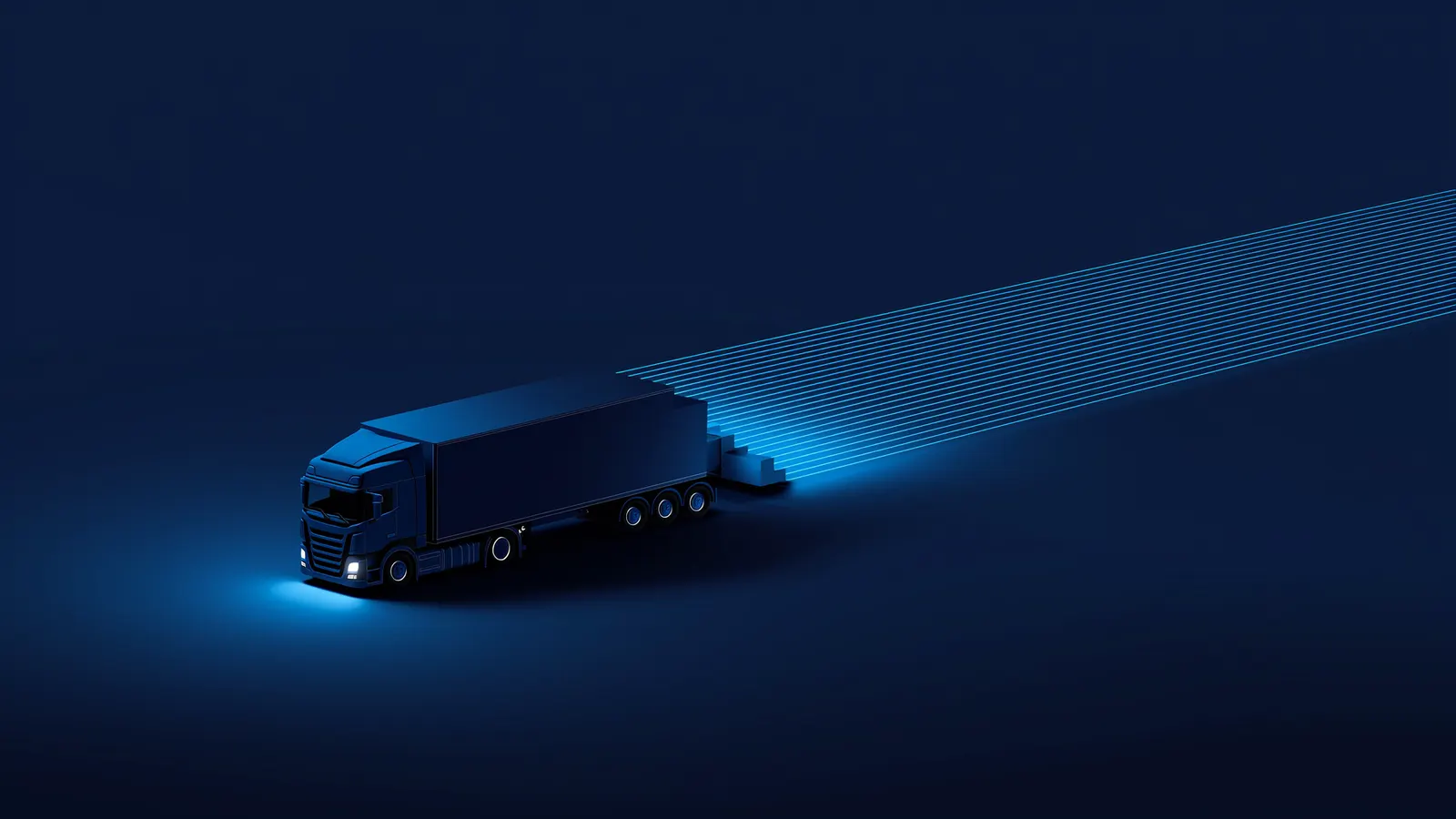 Stylized fleet of trucks trailing ribbons of light