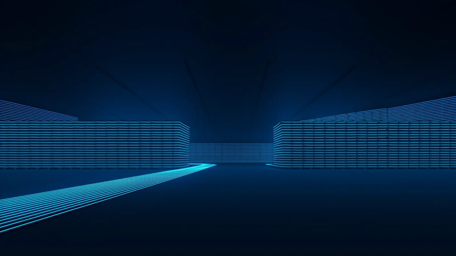 Glowing fulfillment-center interior with routing trails