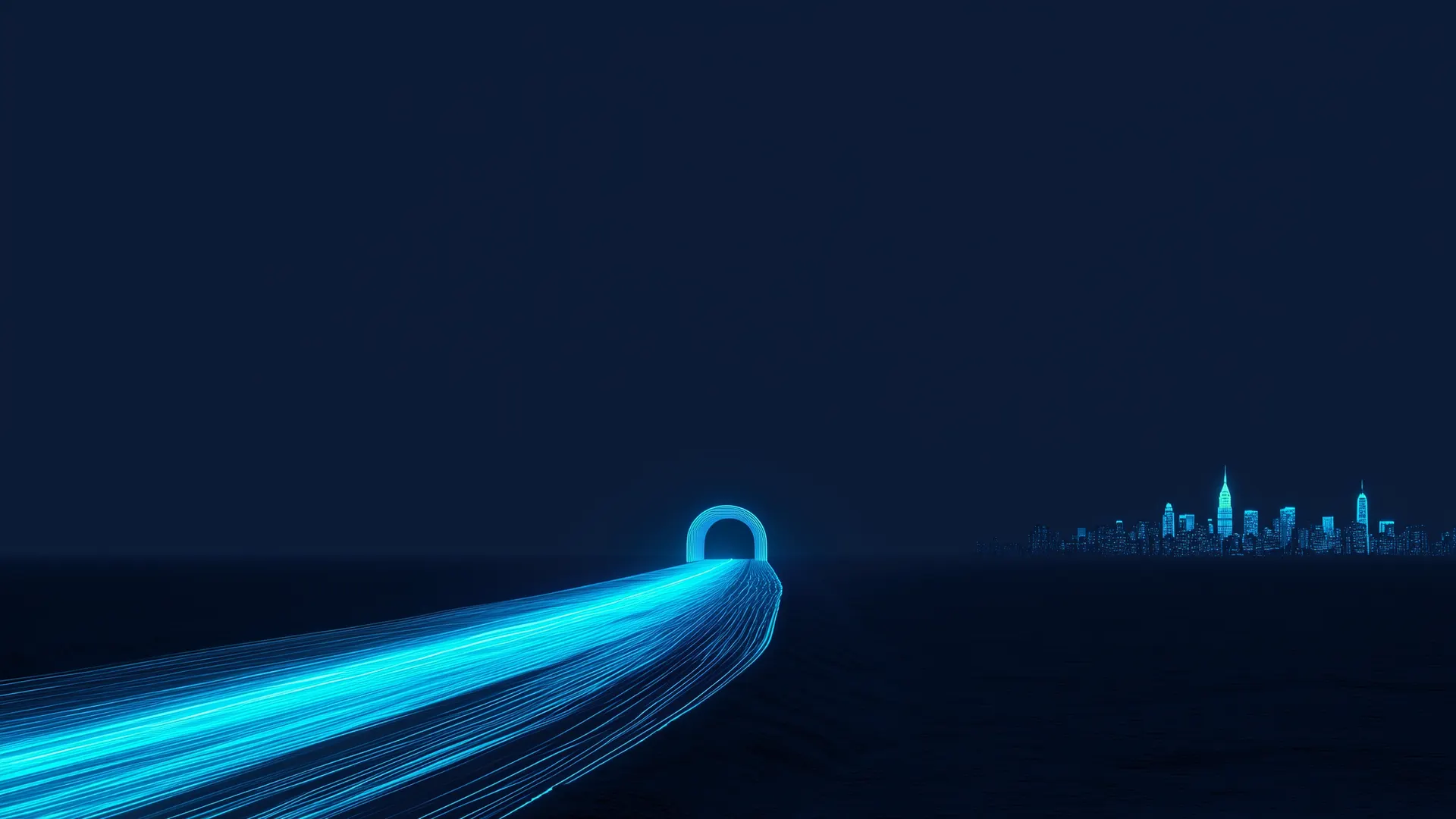 Abstract luminous route crossing a dark landscape through a gateway toward a glowing skyline